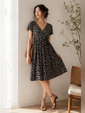 Fat Face Butterfly Print Jersey Wrap Dress Navy Cottagecore Midi UK 16 US 12
